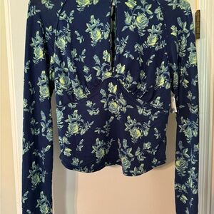 Free People Green and Blue Ruched Blouse